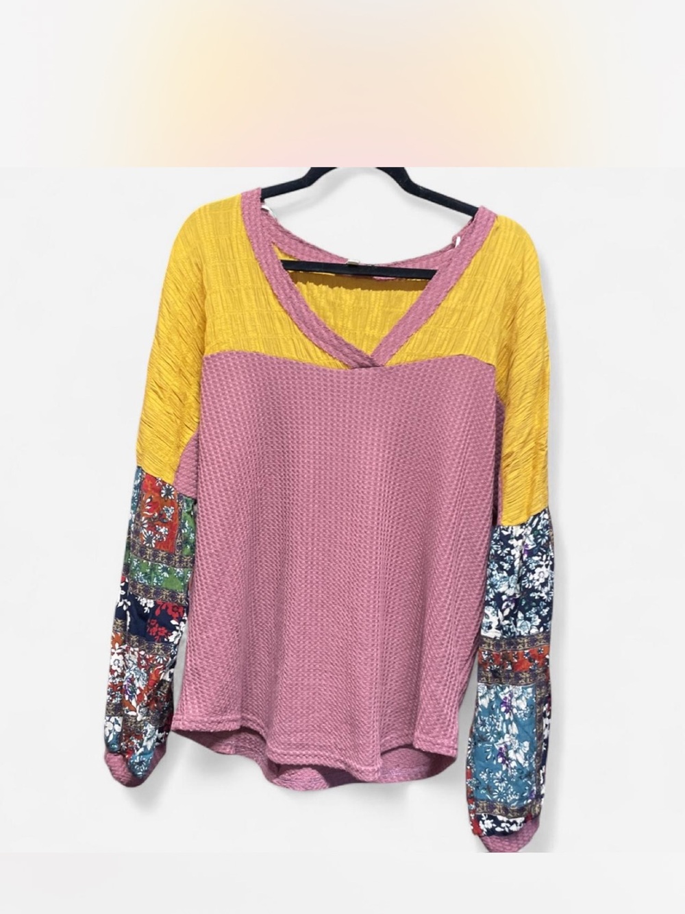 Umgee Pink & Yellow Colorblock V-Neck Waffle Knit Top with Patterned Sleeves
